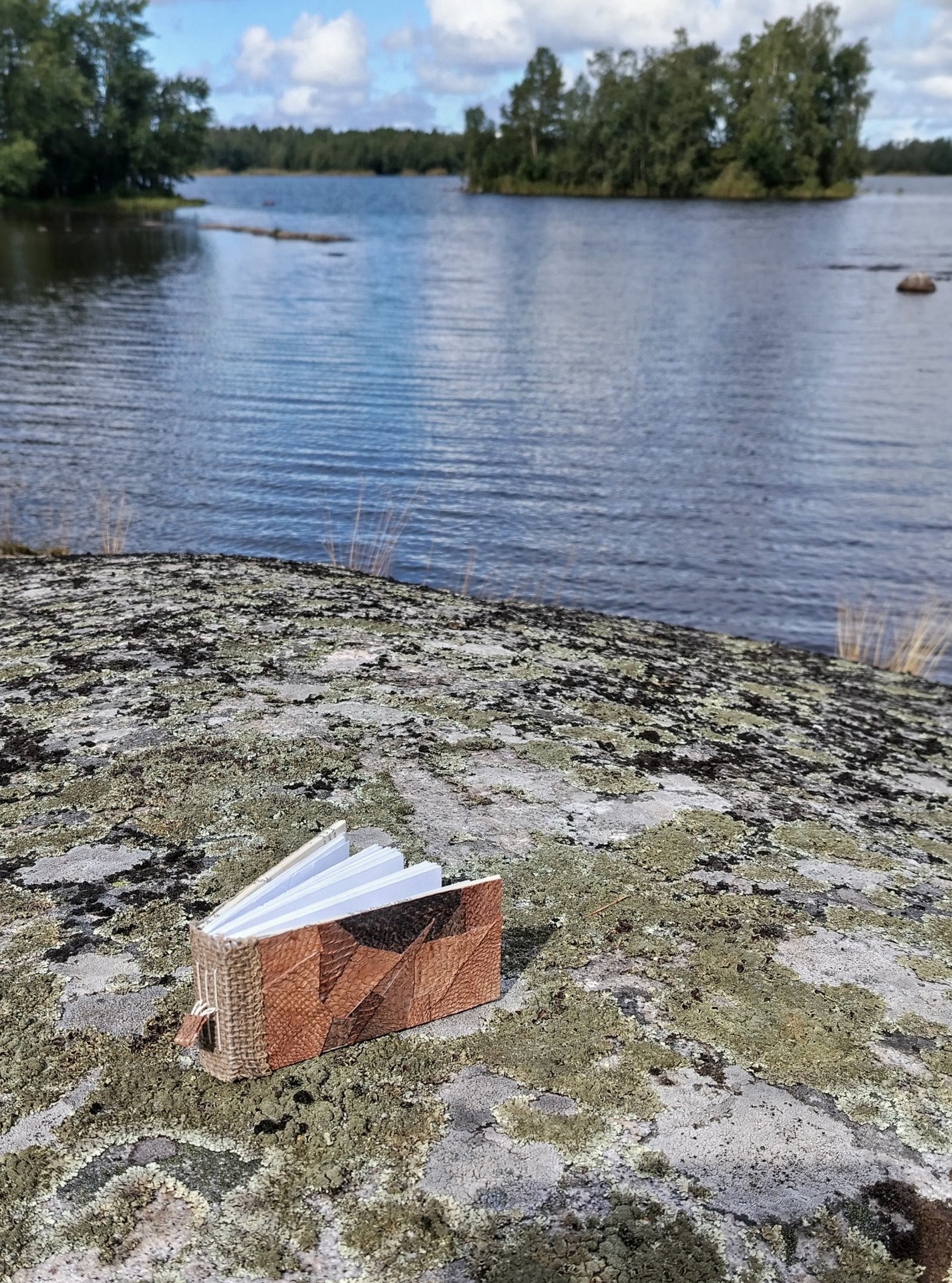 Käsin sidottu lohennahkakantinen muistikirja